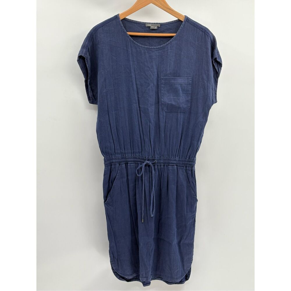 Vince Dress Women XS Blue Linen Blend Drawstring Waist Chambray Lagenlook
